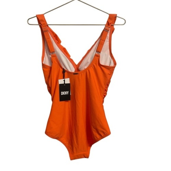 DKNY Womens Orange Ruffle V-Neck Ruched One Piece Swimsuit Size 10 NEW - Picture 4 of 6